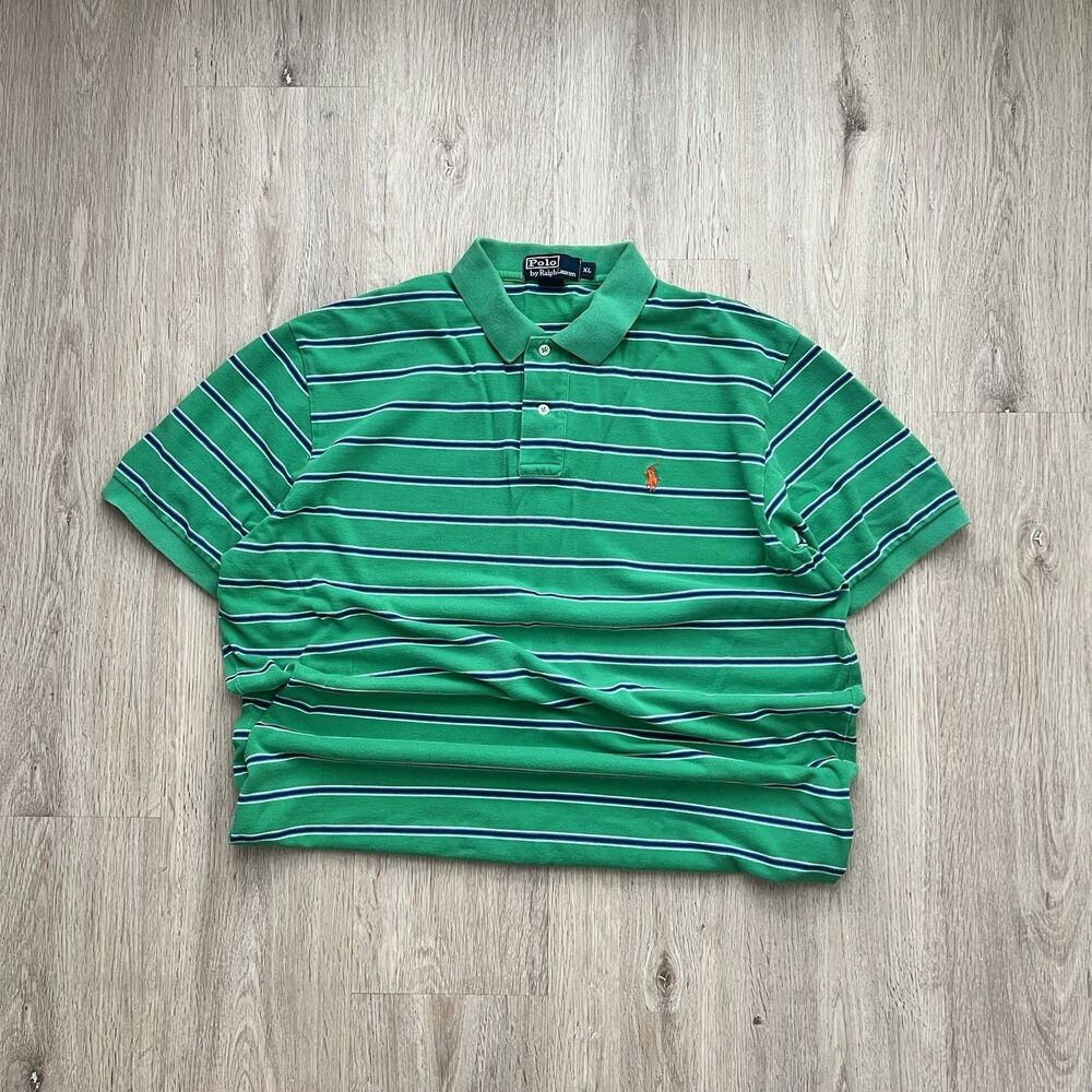 Vintage Polo Ralph Lauren Polo Shirt Mens XL Green Blue Striped Short Sleeve